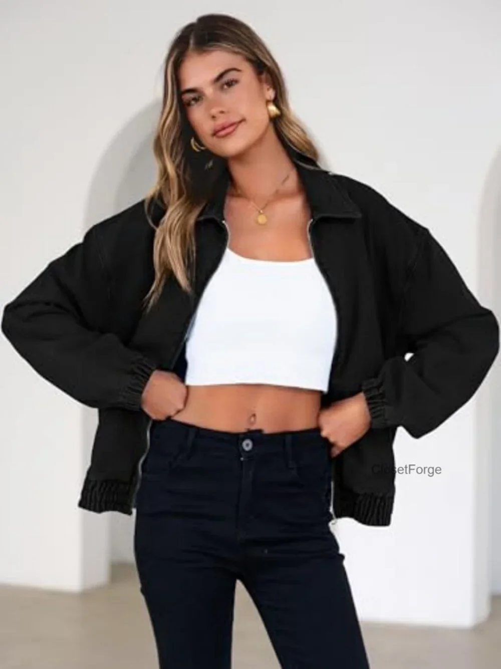 Oversized Denim Jacket Zip Up Long Sleeve Loose Fit Bomber Style